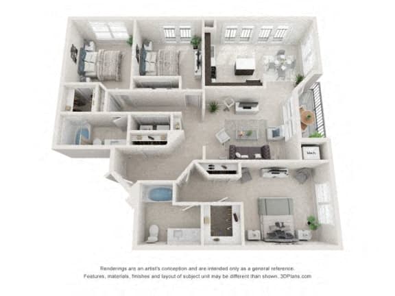 Floor plan for 3 beds, 2 baths, 1363 sqft